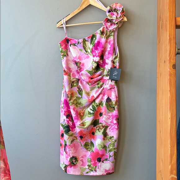 JH Evenings Floral Pink One-Shoulder Dress, sz 14 - Picture 2 of 9
